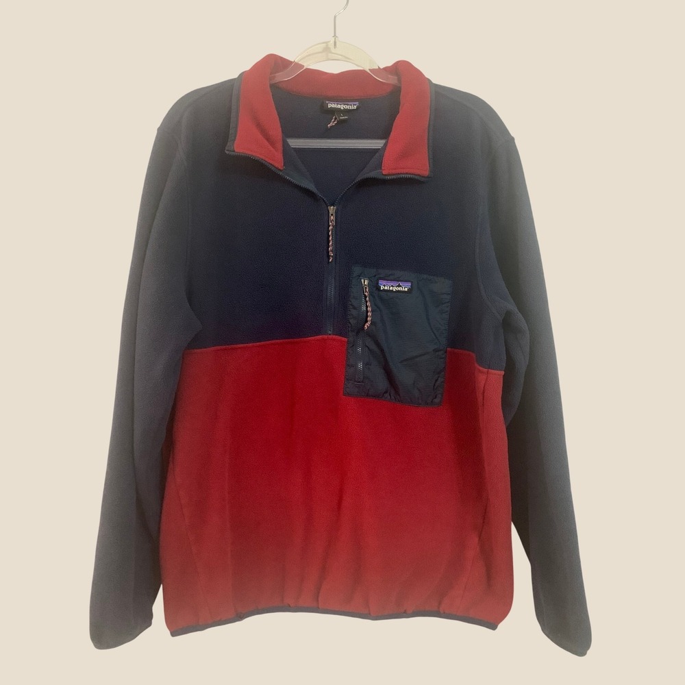 Patagonia Synchilla Fleece Pullover Mens Large Navy Red Colorblock 1/4 Zip